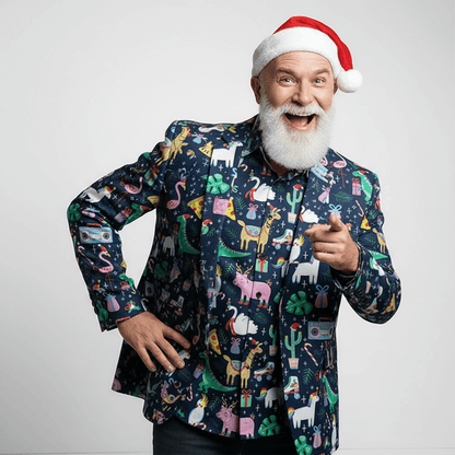 Man wearing Jingle Jungle Christmas Blazer and Shirt and a Santa Hat against a grey background