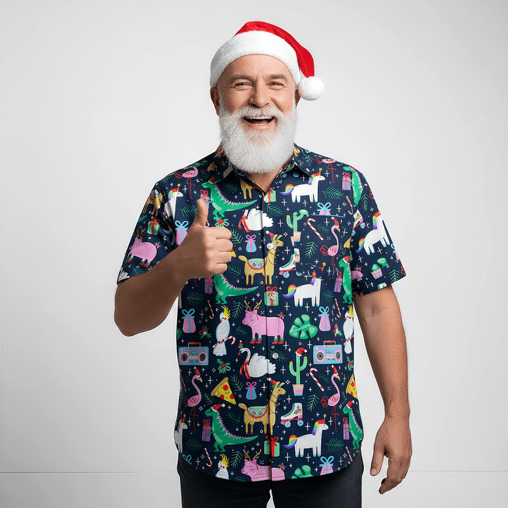 Man wearing the Jungle Jingle Shit Christmas Shirt and Santa hat giving a thumbs up on a white background