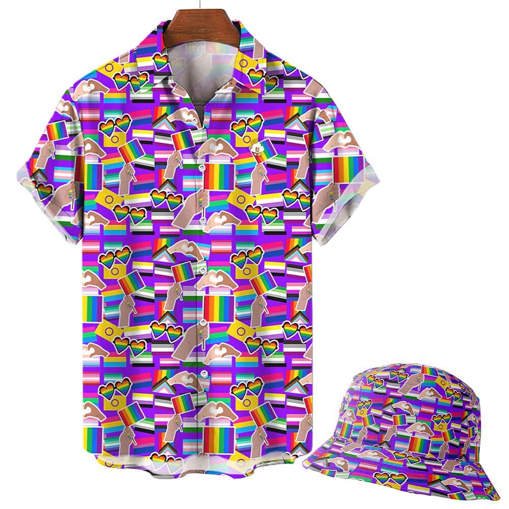 The LGBTQ Pride Bucket Hat showcases a vibrant pattern of rainbow pride flags, raised hands, love hearts, clouds, and stars on a purple background. The hat is displayed against a white backdrop.