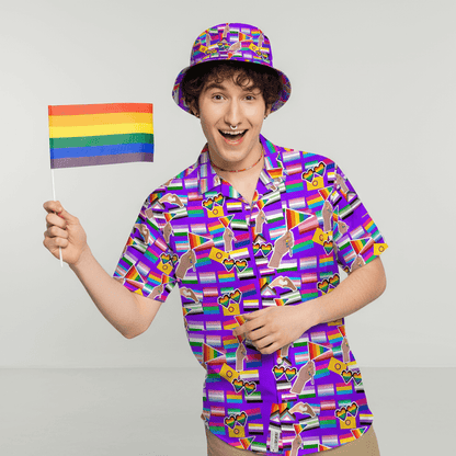 Person wearing the LGBTQ Pride Shit Shirt and matching LGBTQ Pride Bucket Hat, holding a pride flag on a plain background