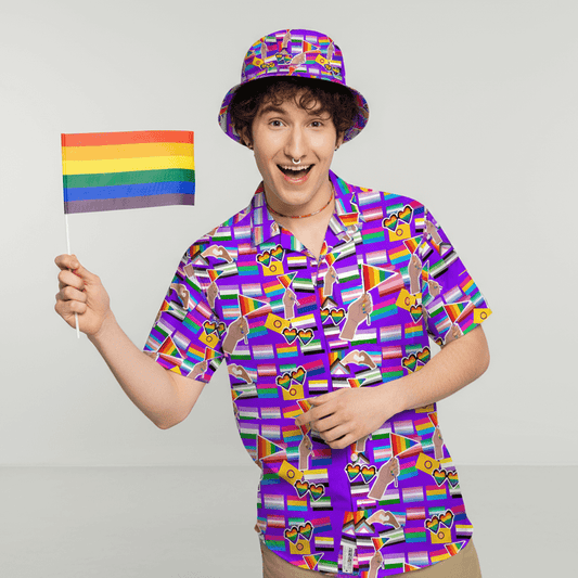 Person wearing the LGBTQ Pride Shit Shirt and matching LGBTQ Pride Bucket Hat, holding a pride flag on a plain background