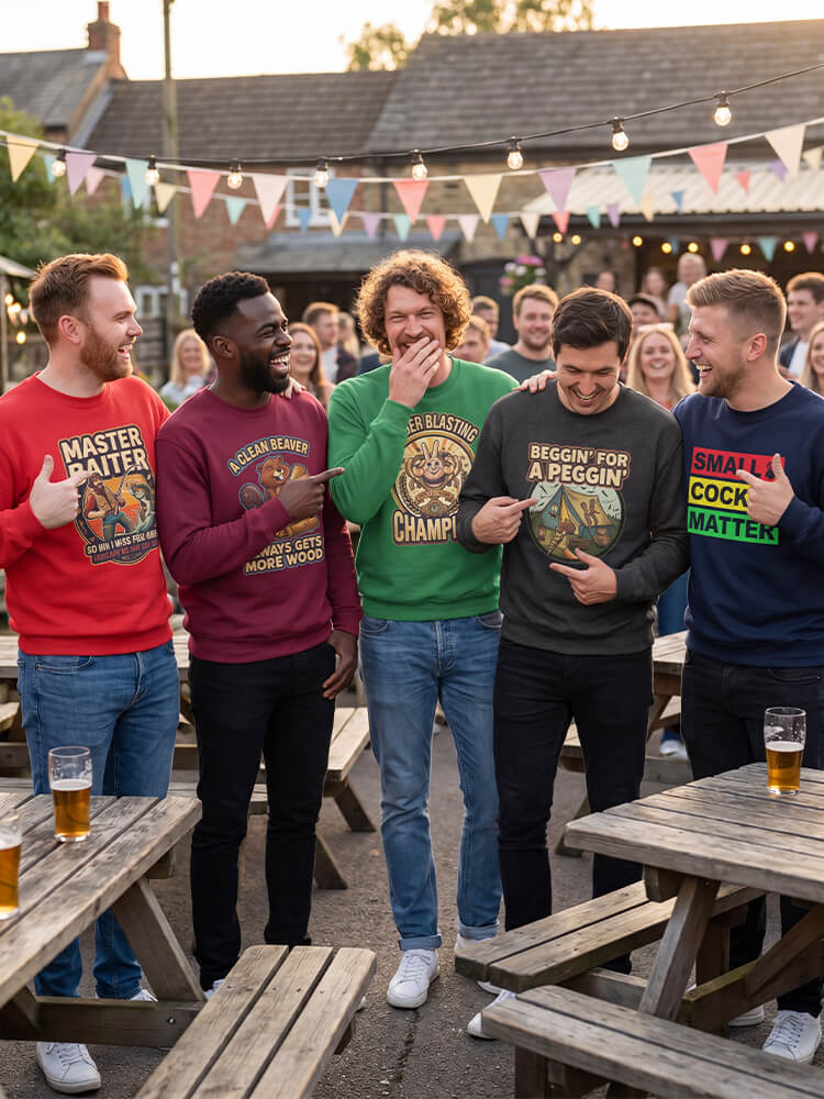 Group of friends standing together at a pub, wearing colorful funny sweatshirts with humorous text and graphics.