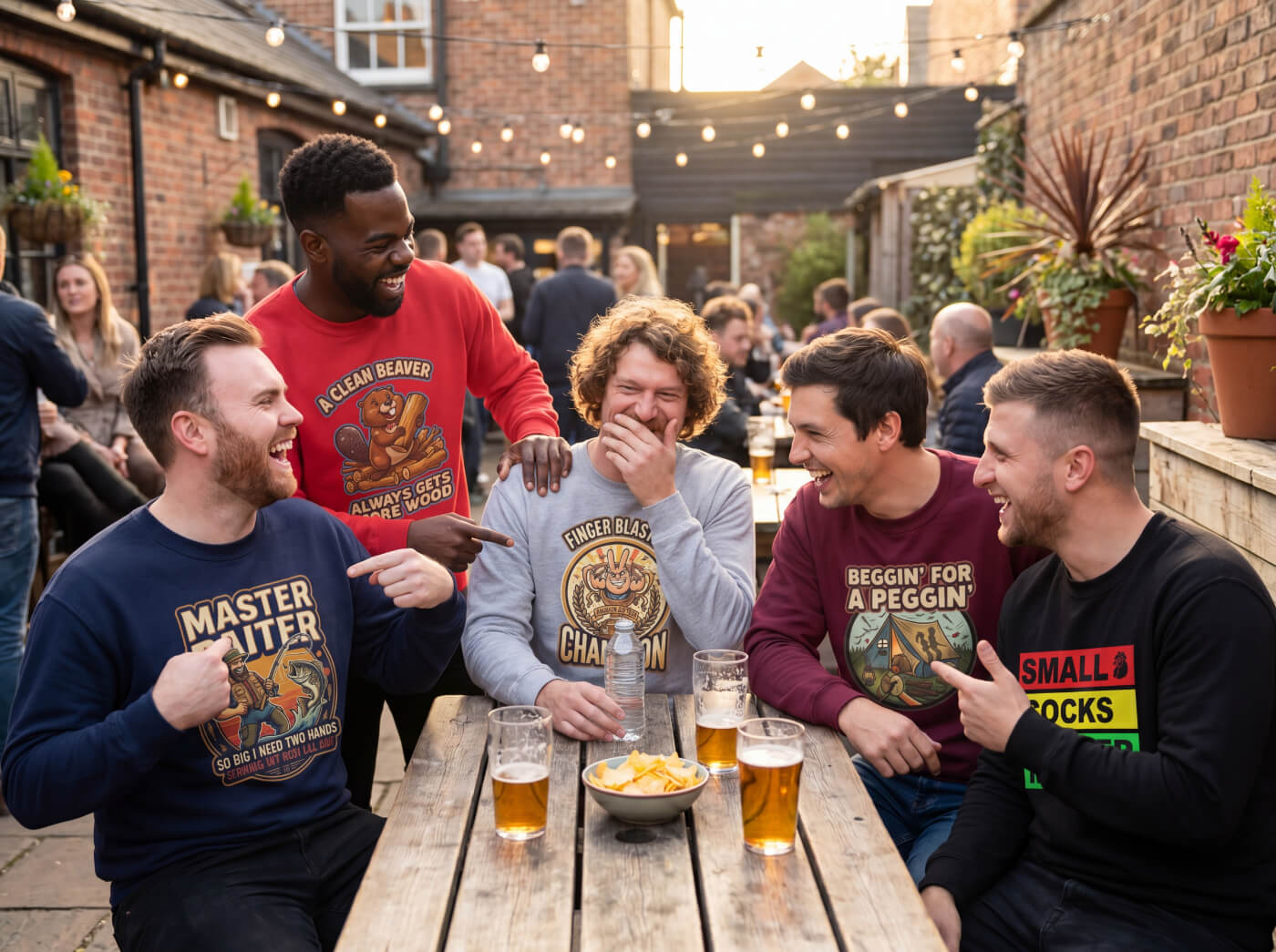 Group of friends laughing and drinking together at an outdoor pub, wearing rude sweatshirts.