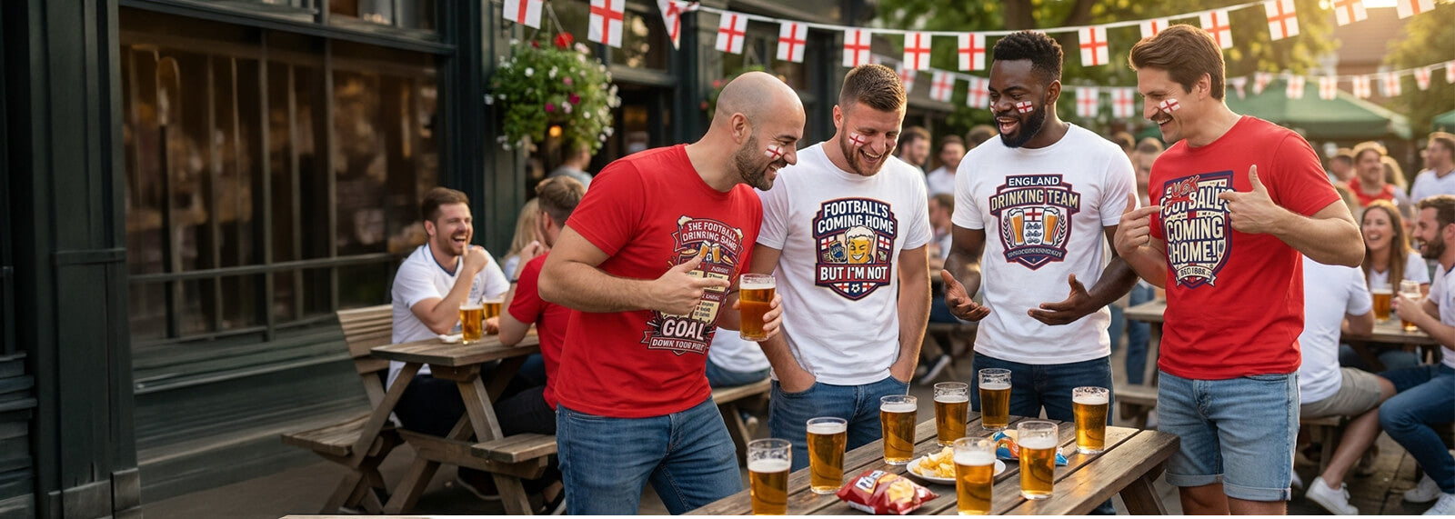Group of men in funny England t-shirts, standing around a table with drinks in an outdoor setting.