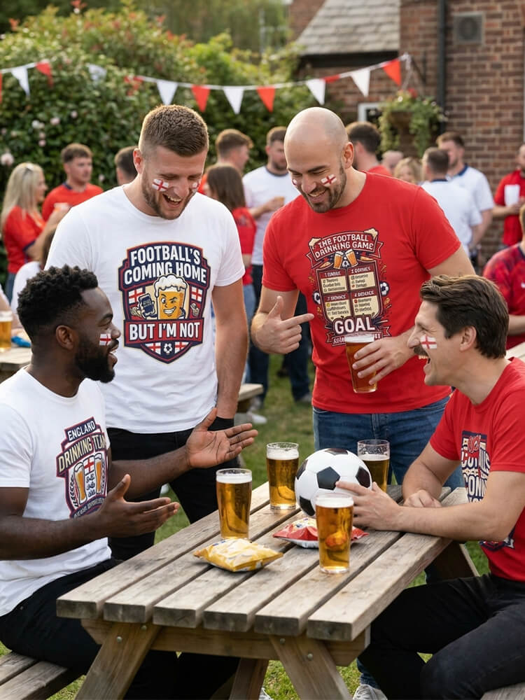Group of friends socialising around a wooden table with beer and snacks, wearing funny England football t-shirts.