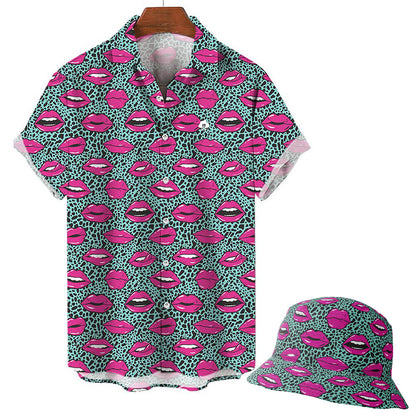 The Leopard Kiss Bad Bucket Hat features bold pink lips and leopard print on a teal background, shown with a matching short-sleeve button-up shirt, displayed on a hanger and flat surface.