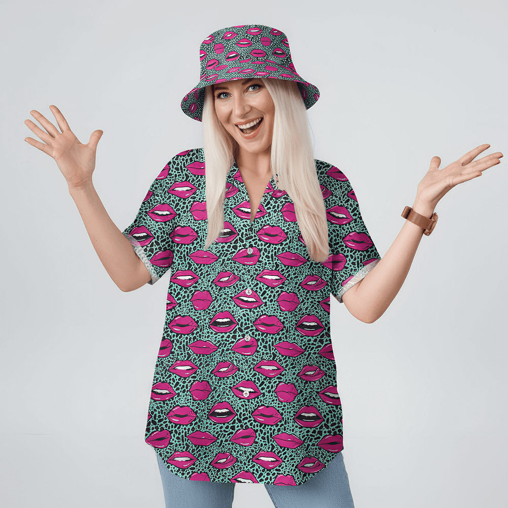 Woman wearing the Leopard Kiss Shit Shirt and matching Leopard Kiss Bucket Hat on a white background
