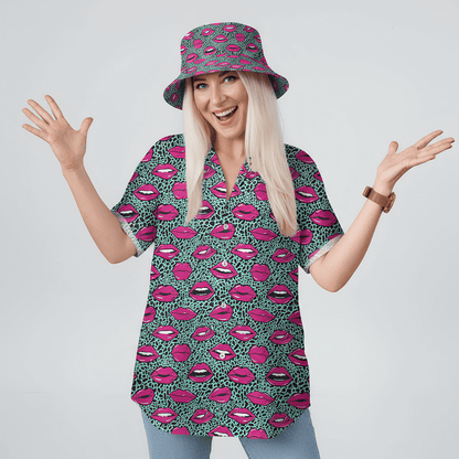 Woman wearing the Leopard Kiss Shit Shirt and matching Leopard Kiss Bucket Hat on a white background
