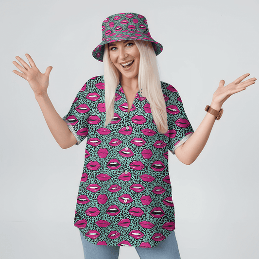 Woman wearing the Leopard Kiss Shit Shirt and matching Leopard Kiss Bucket Hat on a white background