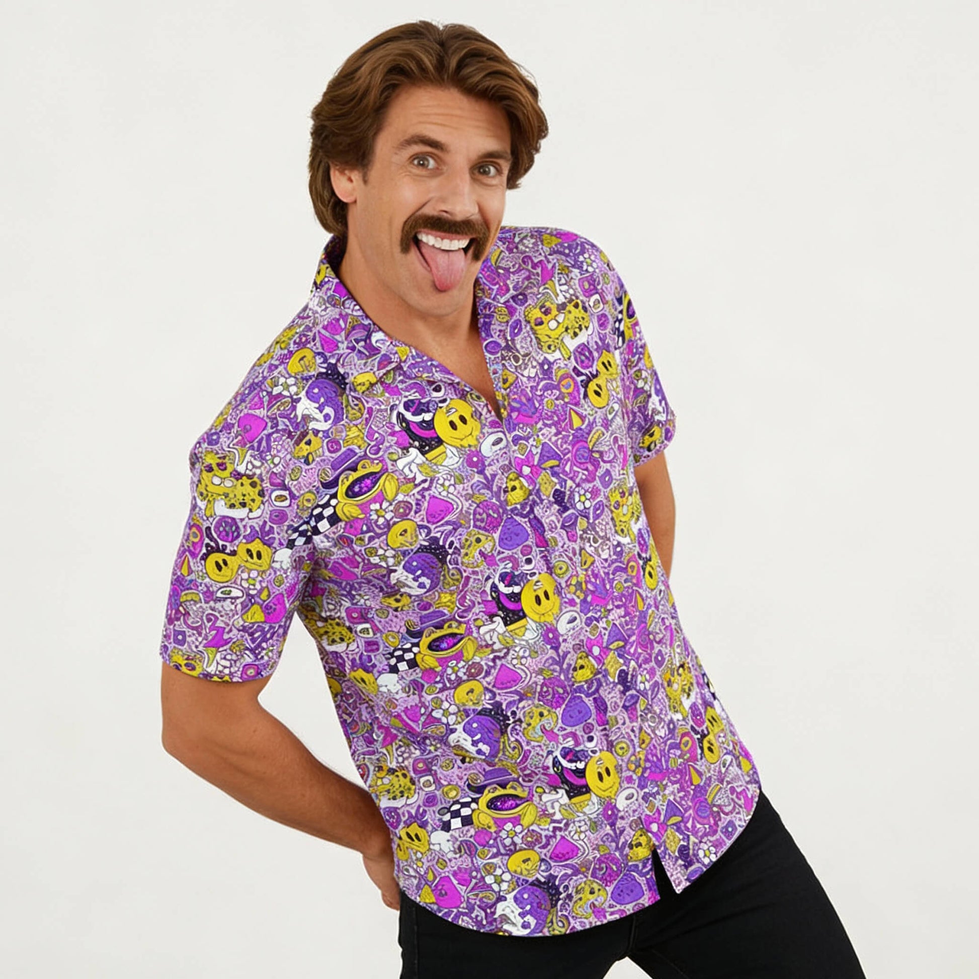 Man wearing a colourful patterned shirt on a white background