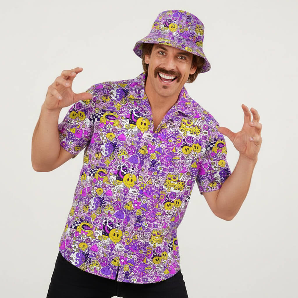 Man wearing a purple patterned shirt and bucket hat on a white background