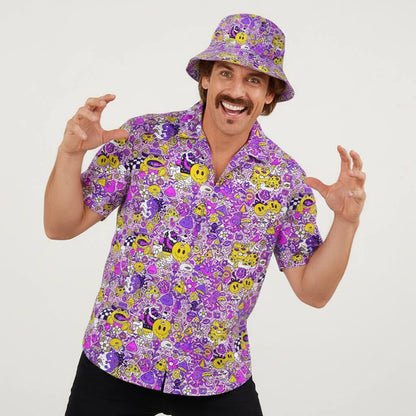 Man wearing a purple patterned shirt and bucket hat on a white background