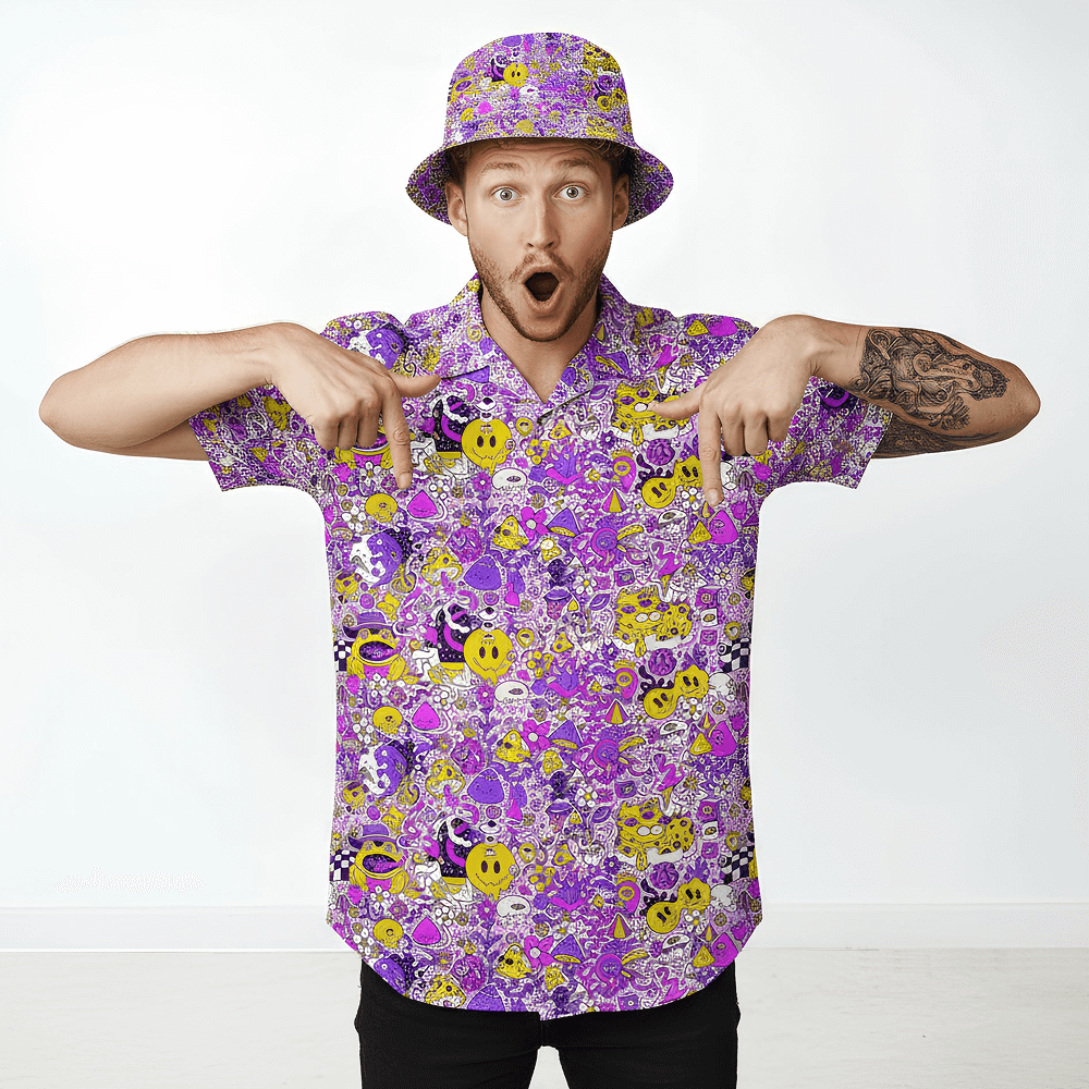 Man wearing the Magical Psychedelic Shit Shirt and matching Magical Psychedelic Bucket Hat pointing at himself on a white background
