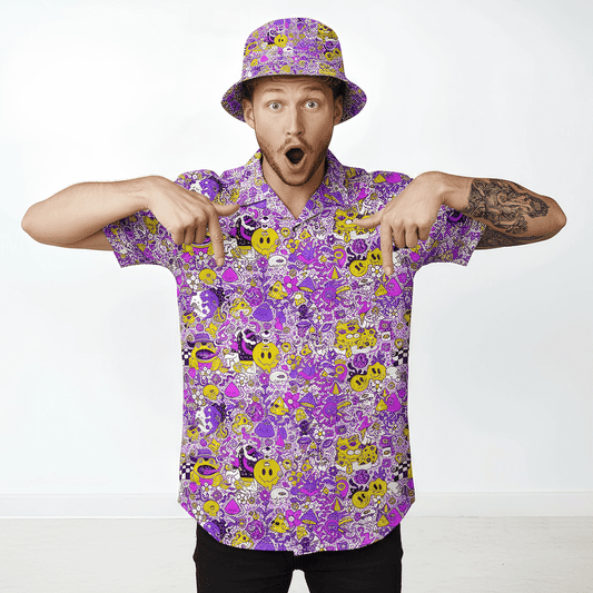 Man wearing the Magical Psychedelic Shit Shirt and matching Magical Psychedelic Bucket Hat pointing at himself on a white background