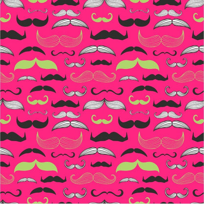 The Movember Bucket Hat features a seamless pattern of black, white, and yellow mustaches on bright pink—an eye-catching, playful design perfect as a novelty charity accessory.