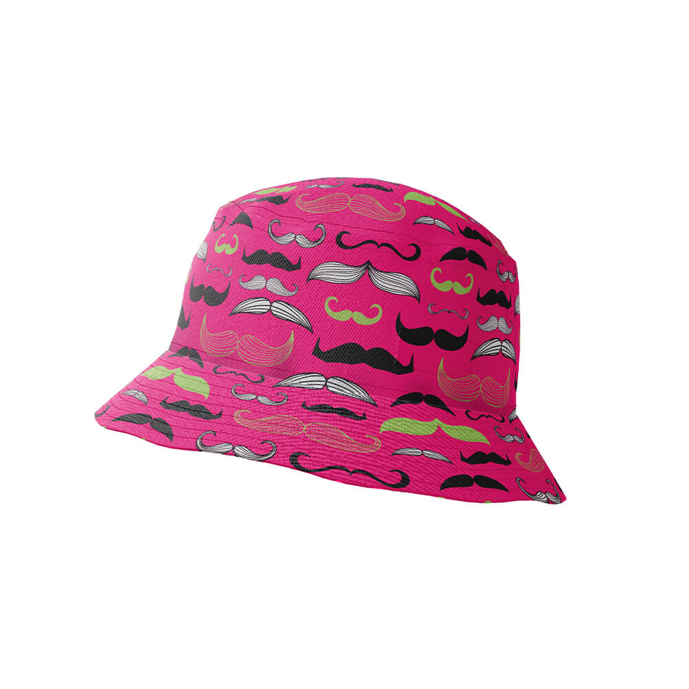 A bright pink bucket hat with colorful mustache prints—black, white, yellow, and gray—makes the perfect statement accessory to match your Movember Shirt.