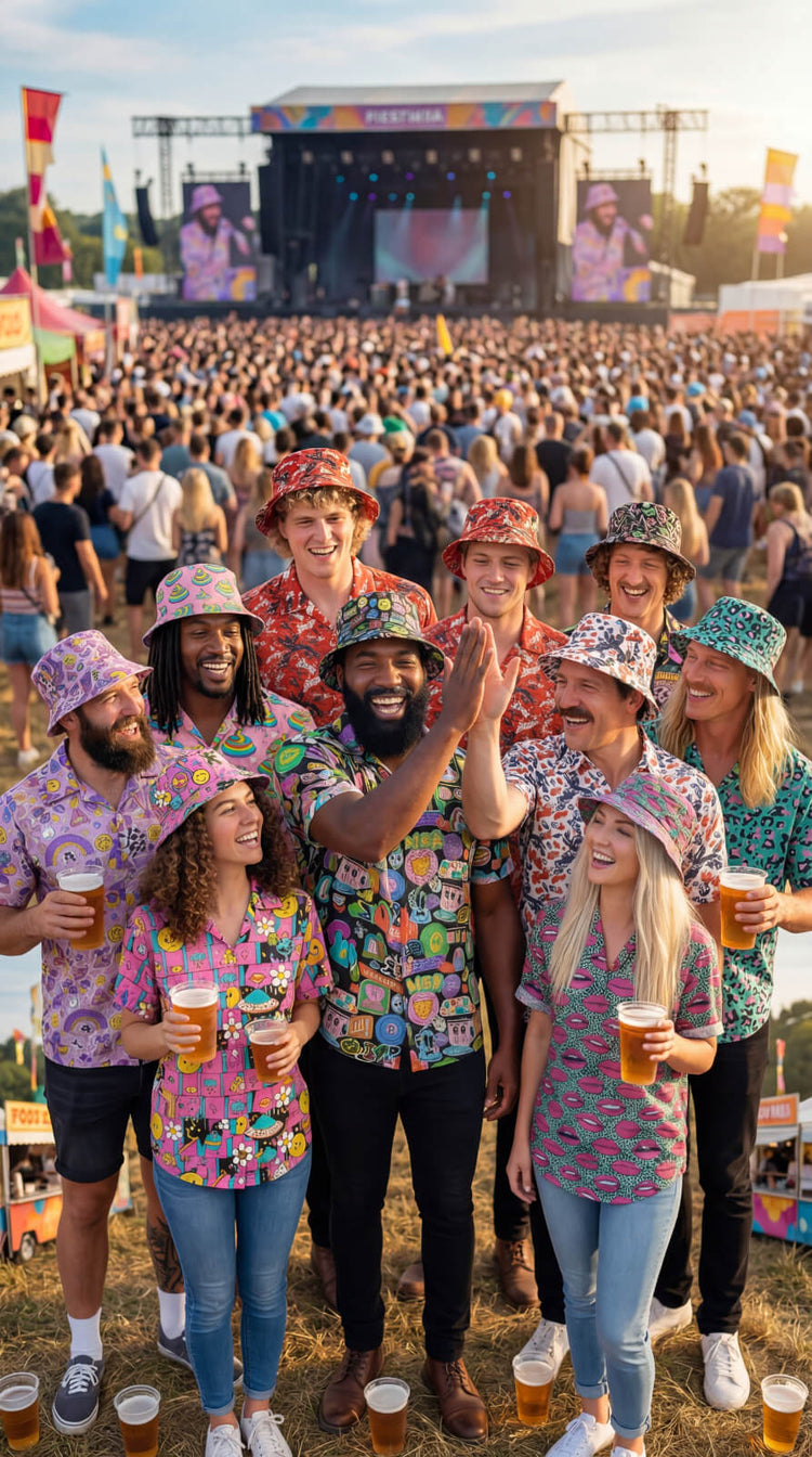 Group of people at a music festival wearing matching hats and shit shirts, clapping and holding drinks.