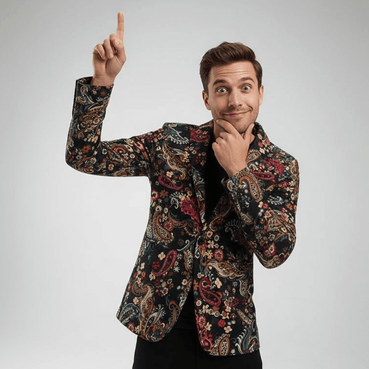 Man wearing Navy Floral Blazer on a grey background 