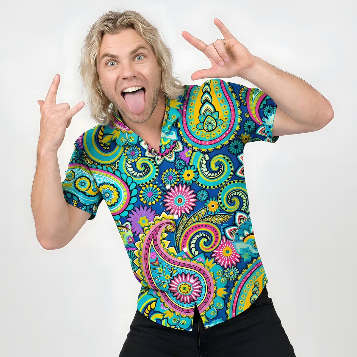Person wearing a colourful paisley patterned shirt on a white background