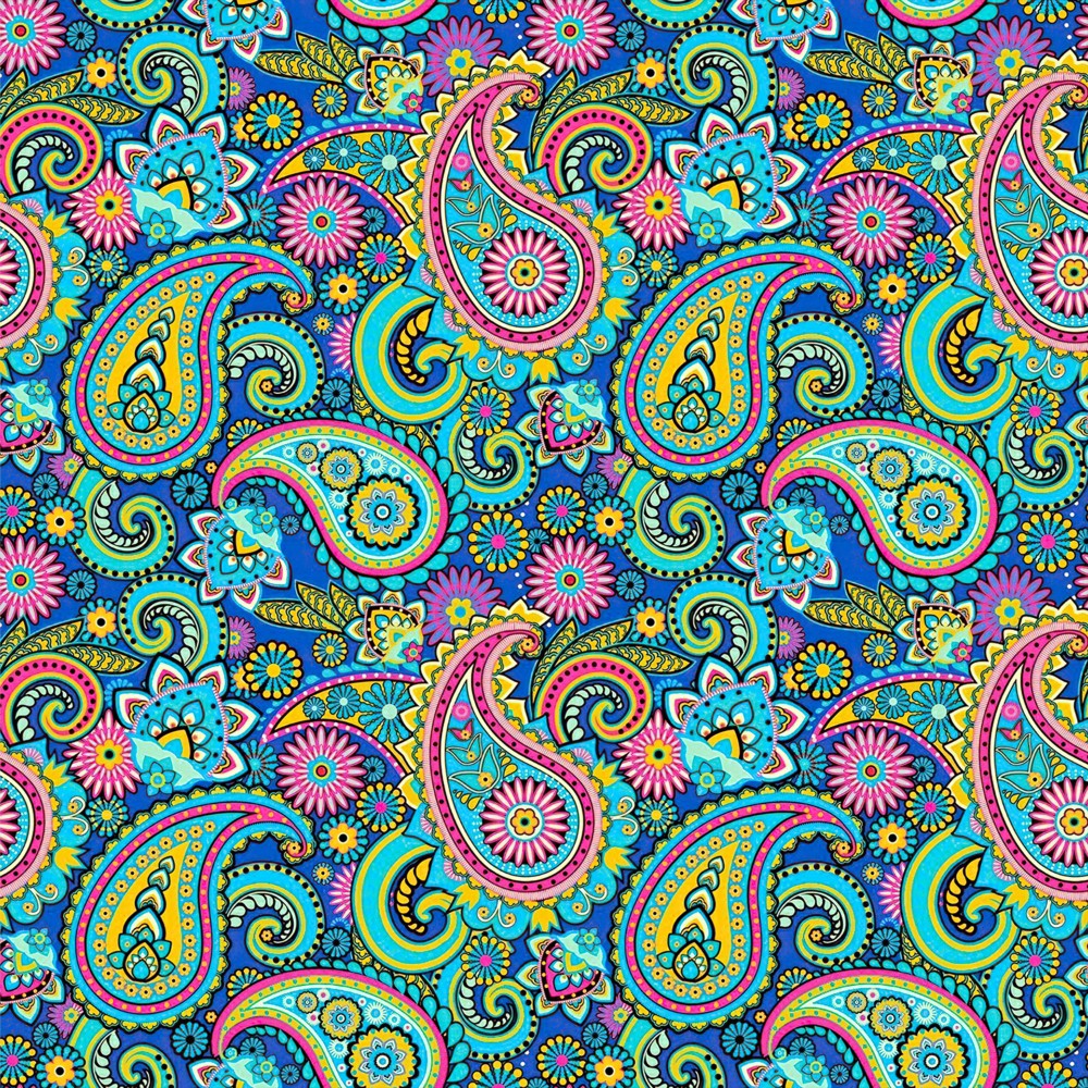Colourful paisley pattern on a blue background
