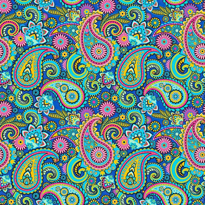 Colourful paisley pattern on a blue background
