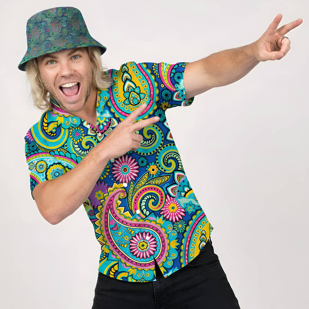 Person wearing a colourful paisley shirt and bucket hat on a white background