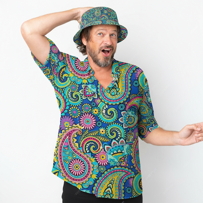 Man wearing the Psychedelic Explorer Shit Shirt and matching Psychedelic Explorer Bucket hat against a white background