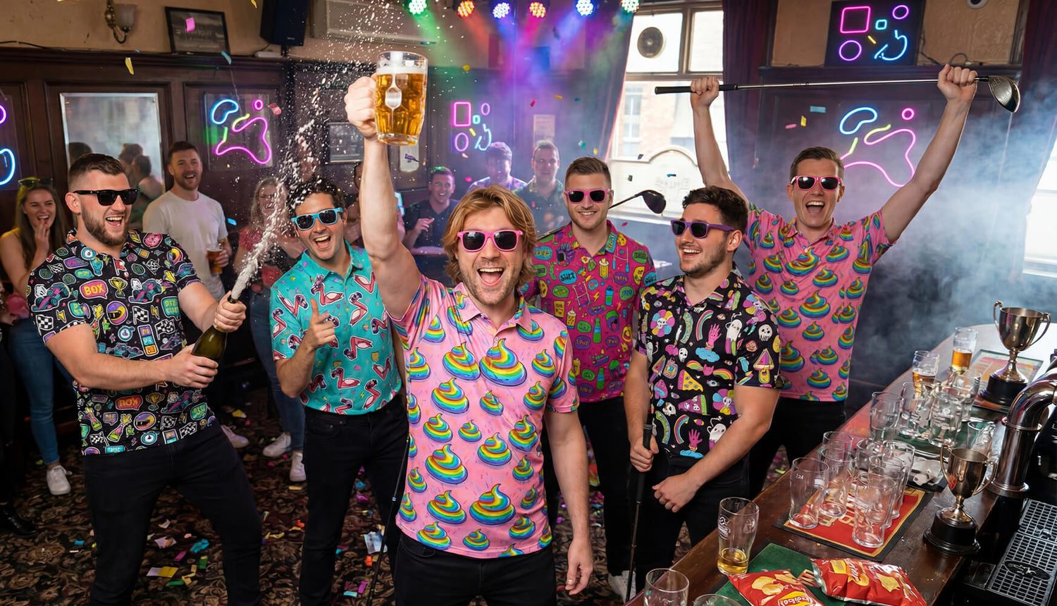 Group of people in shit polo shirts celebrating in a bar with drinks and confetti.