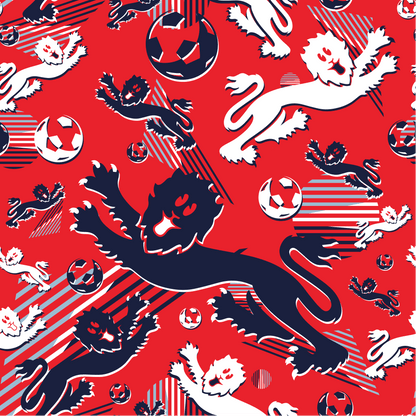 A seamless pattern inspired by the Red England FC Away Bucket Hat, featuring stylized lions and soccer balls in dark blue, white, and red on a bright red background with dynamic lines for movement.