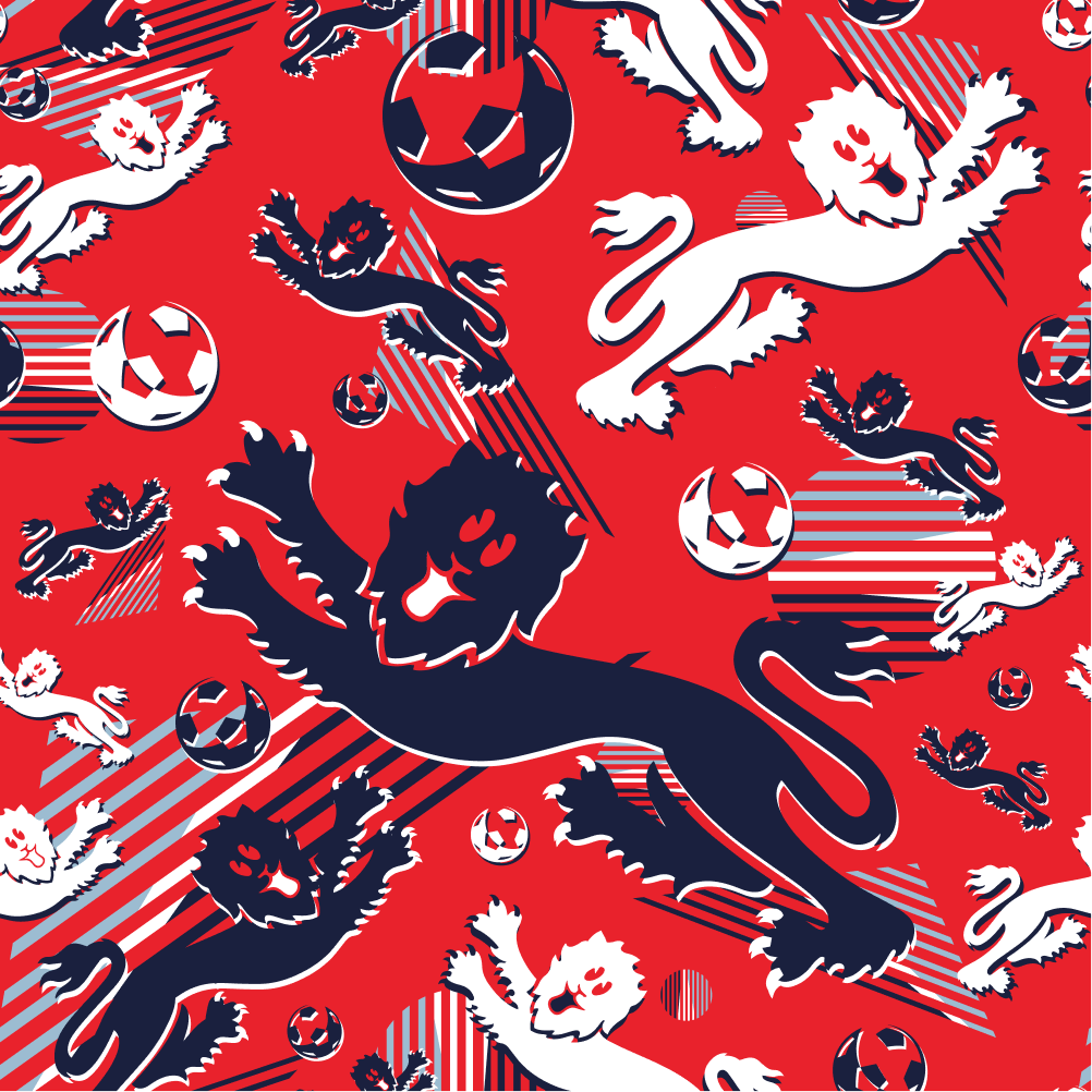 The Red England FC Hawaiian Shirt features a seamless pattern of stylized lions in navy, white, and red, soccer balls, and diagonal stripes on bright red—ideal for capturing energy and English pride.