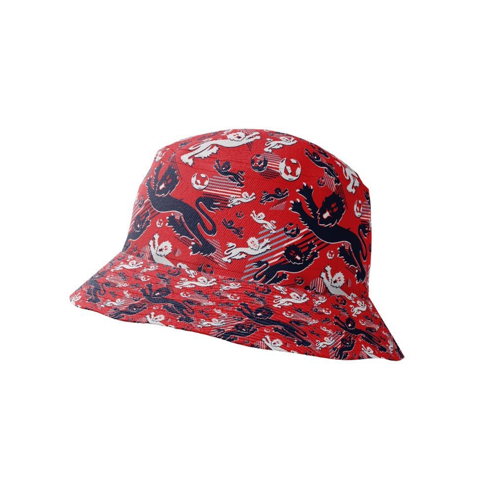 The Red England FC Hawaiian Shirt features a lively pattern of navy blue and white lions, soccer balls, and abstract shapes on a white background—a fun accessory that pairs perfectly with your favorite England football shirt.