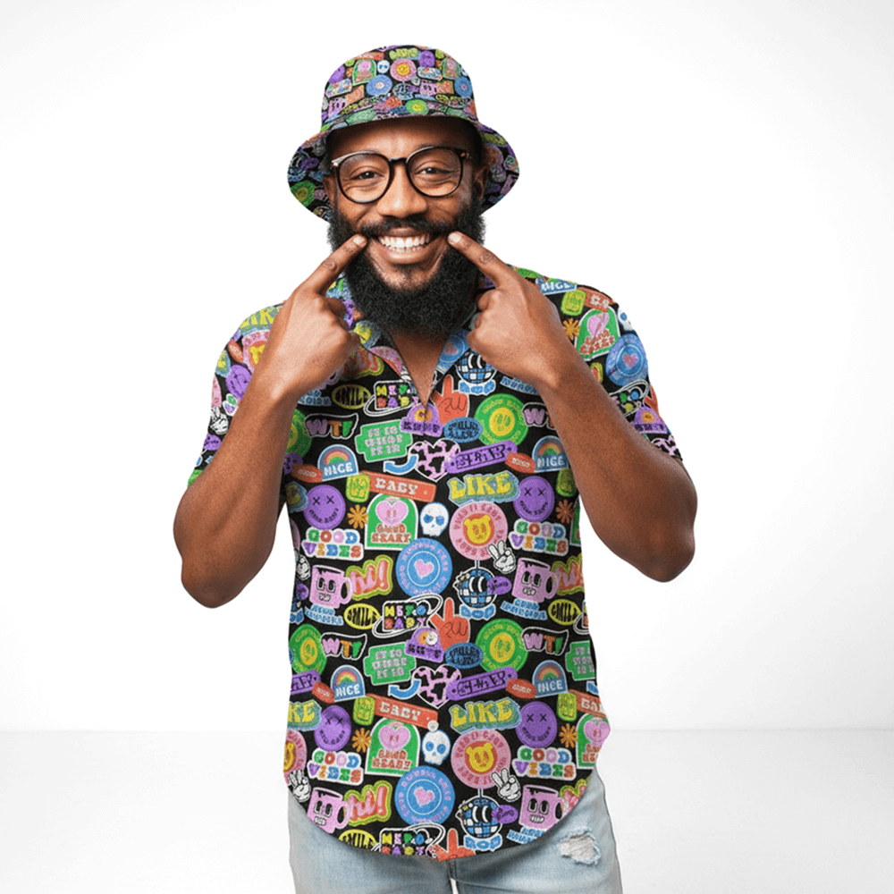 Man wearing the Retro Sticker Shit Shirt and matching Retro Sticker Bucket Hat on a white background
