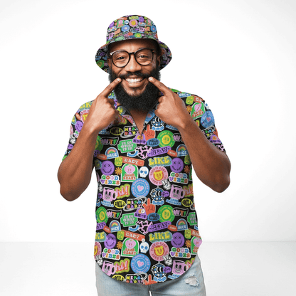 Man wearing the Retro Sticker Shit Shirt and matching Retro Sticker Bucket Hat on a white background