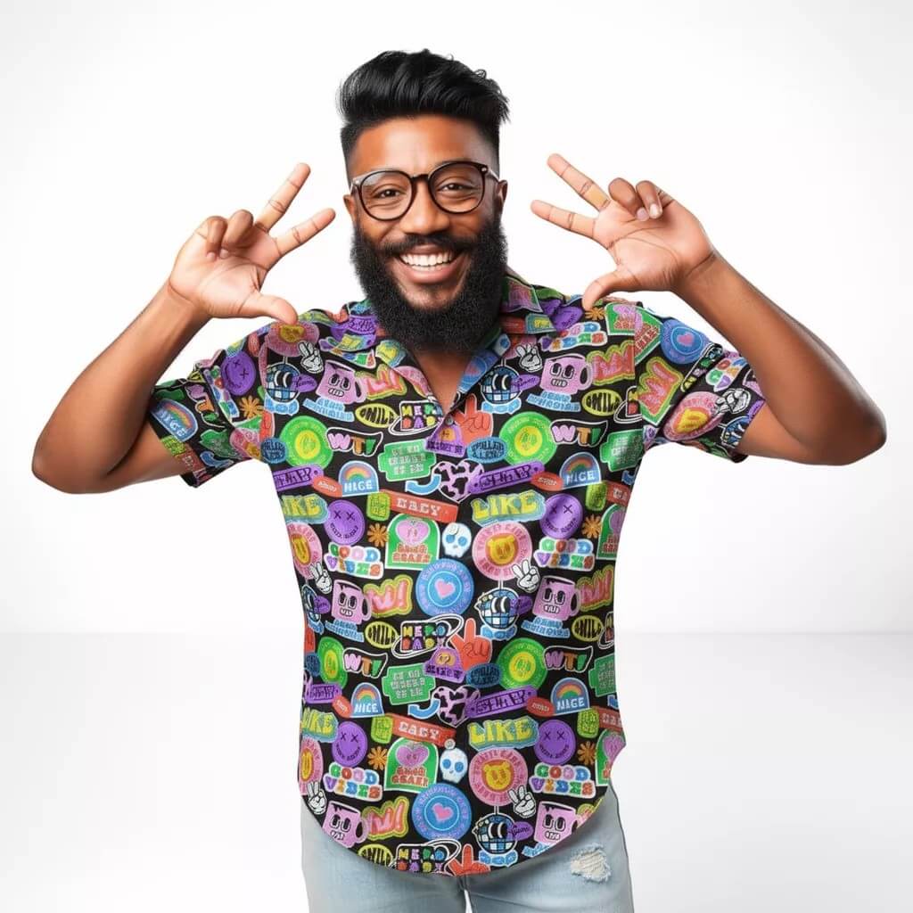 Man wearing a colourful patterned shirt making peace signs with his hands on a white background