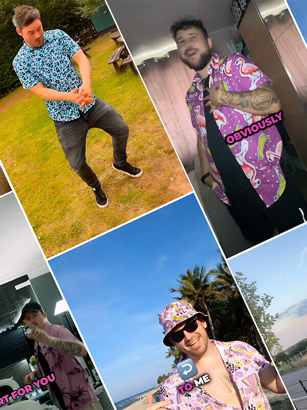A collage of Shit Shirt Club influencers in different bad shirts and matching bucket hats with scenic backgrounds