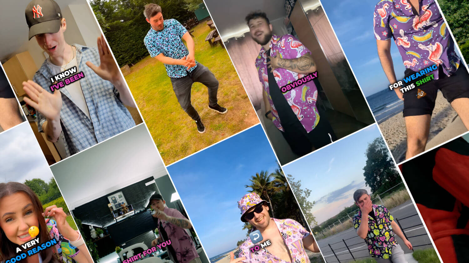 A collage of Shit Shirt Club influencers wearing colourful patterned bad shirts in various settings.