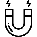 Black and white drawing of a horseshoe magnet with two lines on top representing magnetic force.