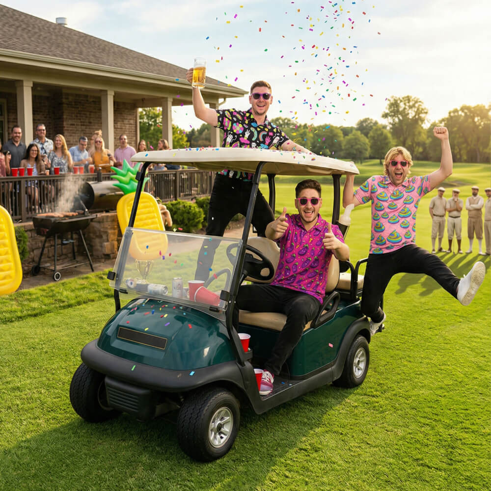 Three people in loud golf polo shirts are celebrating in a golf cart on a golf course with confetti.