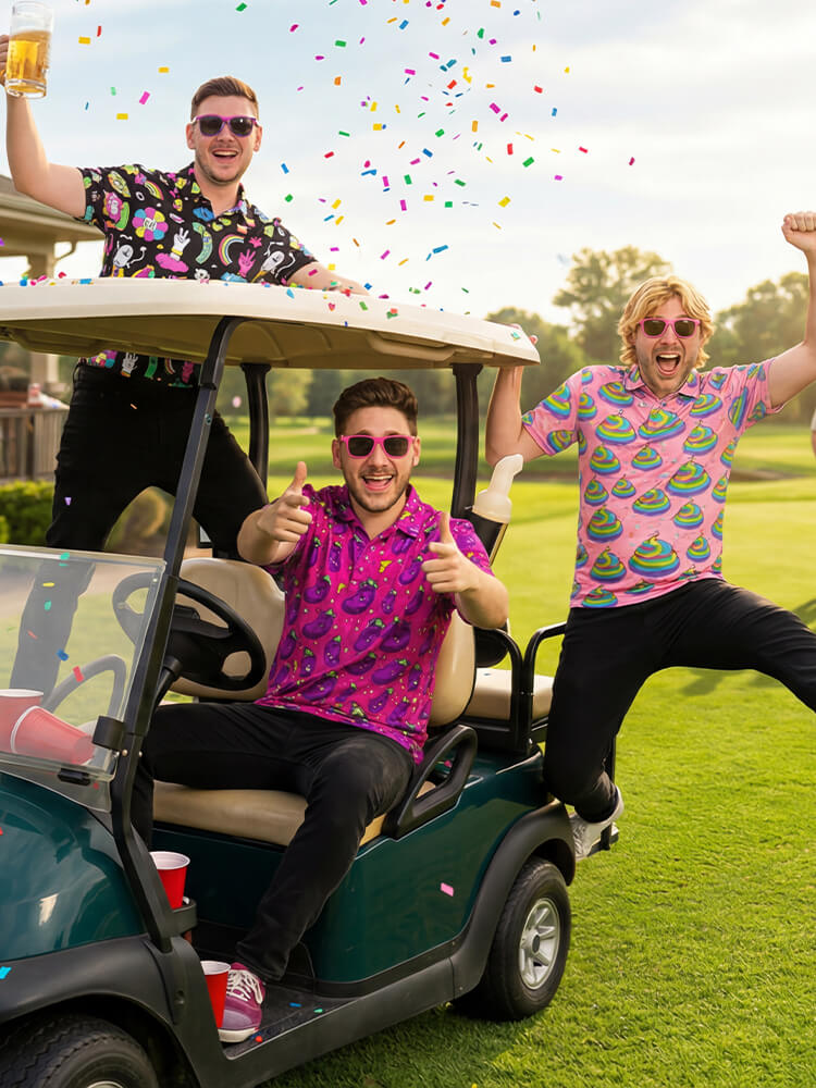 Three people in loud golf polo shirts are celebrating in a golf cart on a golf course with confetti.