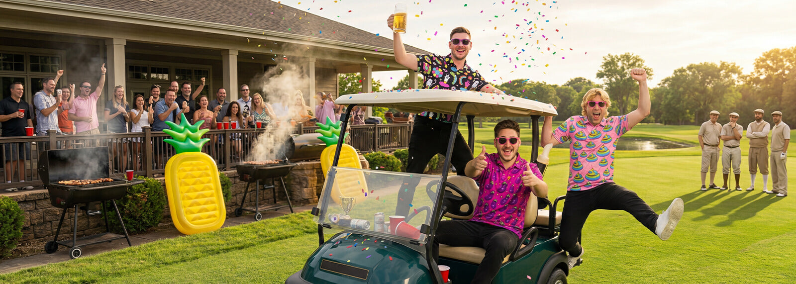 People wearing shit golf polo shirts celebrating on a golf course with confetti and a golf cart.