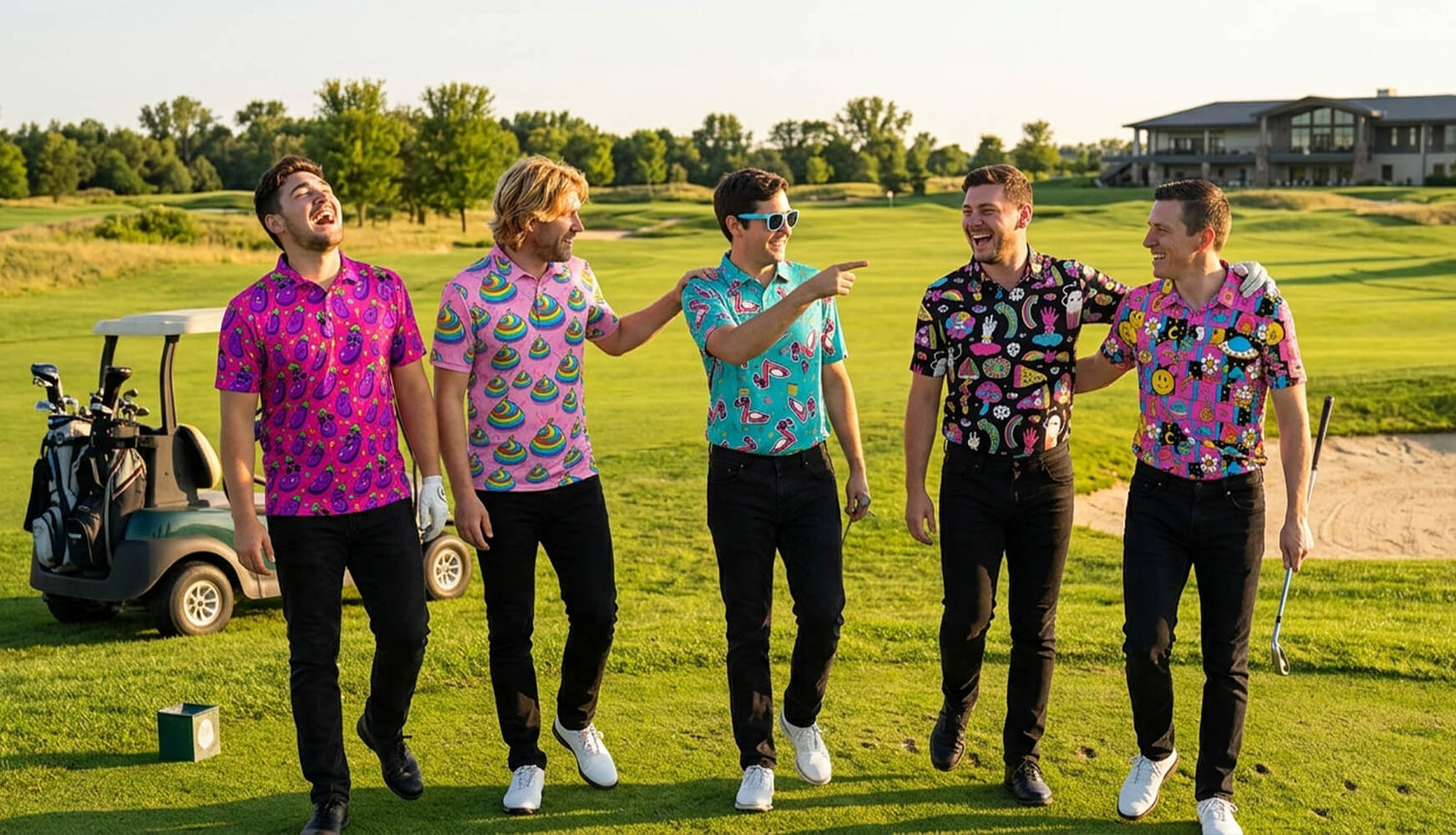 Fiver men in loud golf polo shirts laughing on a golf course.