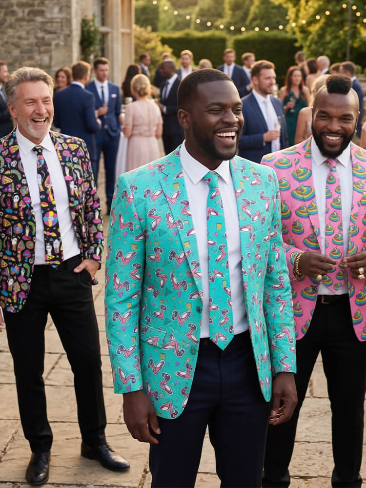 Three men in colourful suits and crazy ties are standing outdoors with a garden and people in the background.