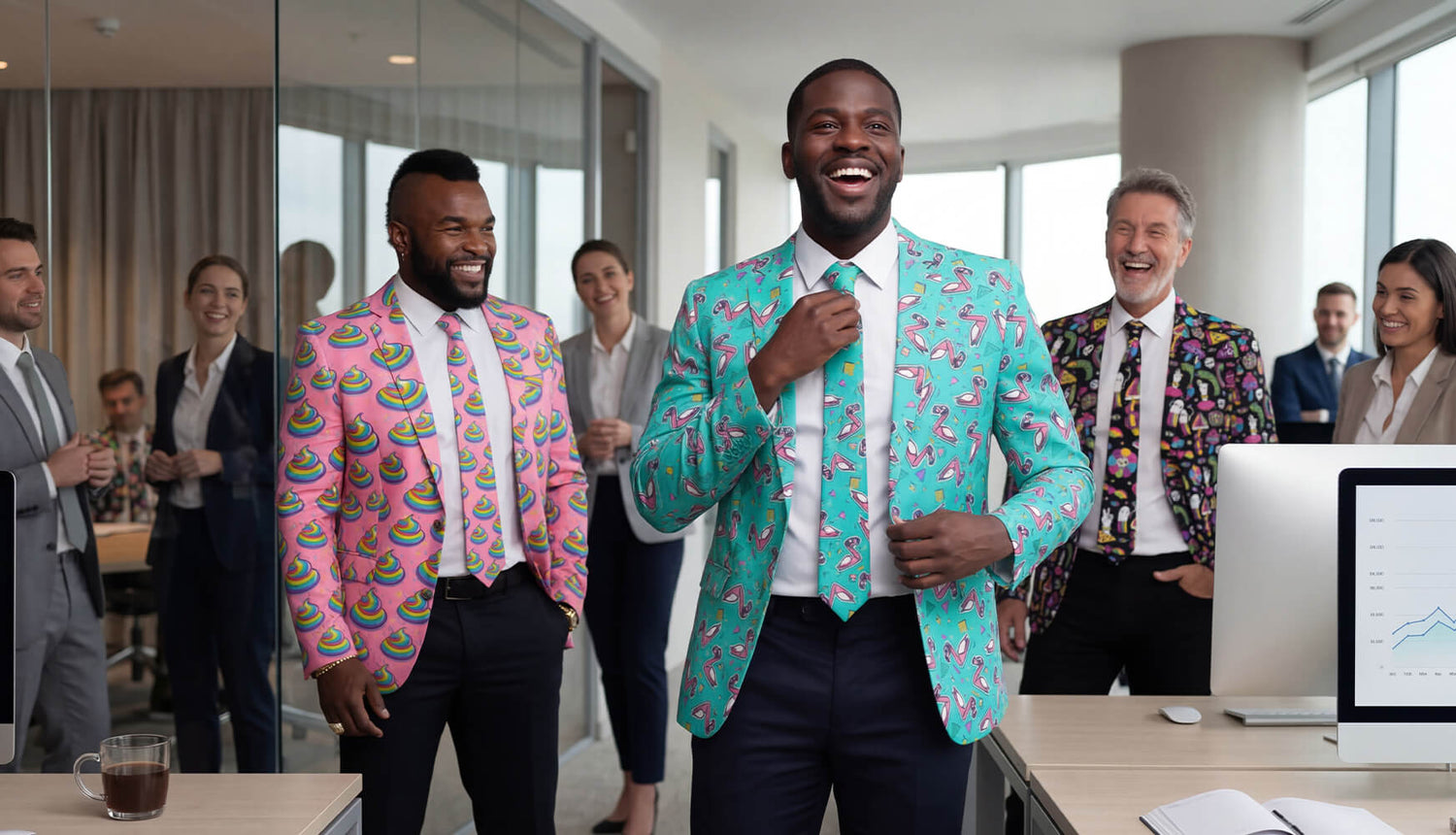 Three men in colourful suits and funky ties are standing in an office setting with colleagues around laughing.