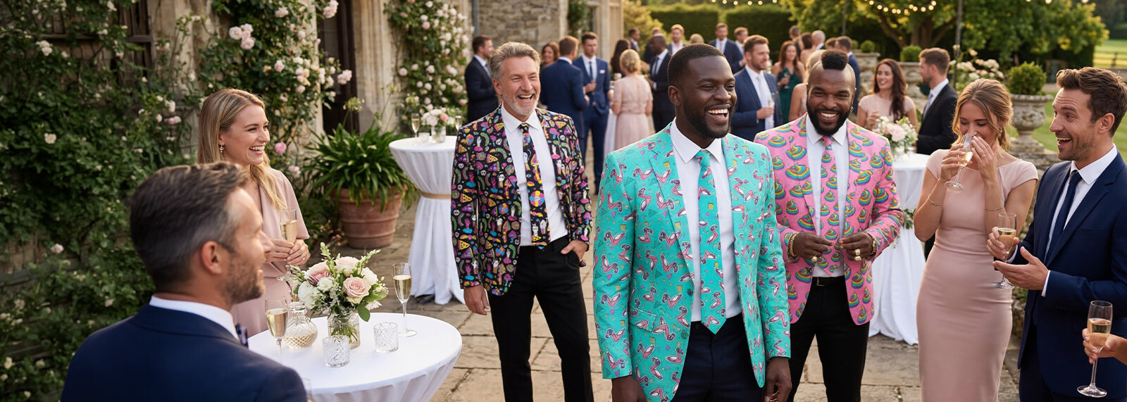 Group of people at an outdoor event with crazy suit blazers and funky ties at a wedding