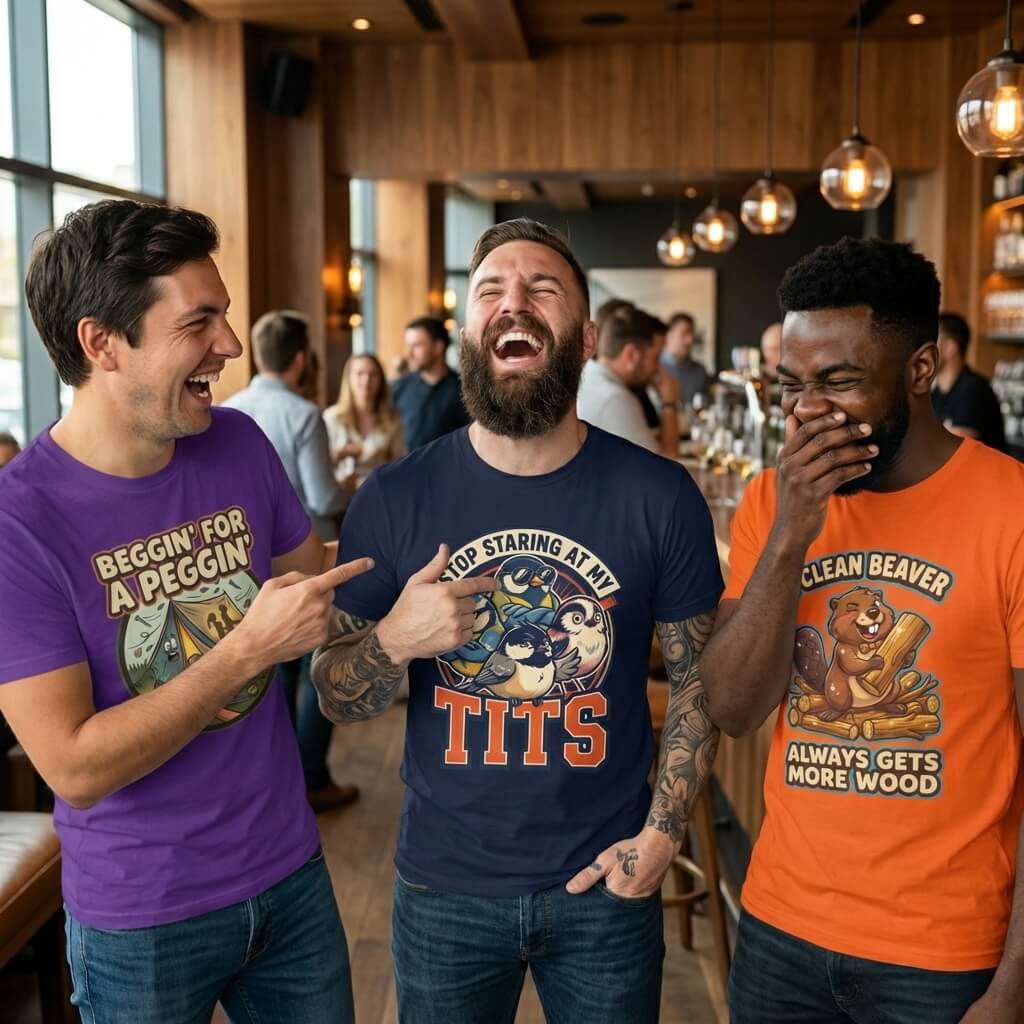 Three men laughing together in a bar, wearing rude t-shirts.