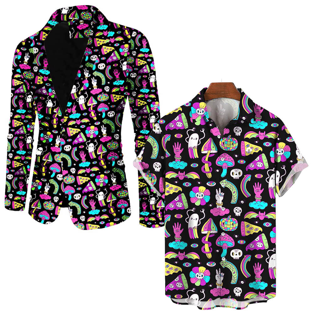 The Shroom Blazer is a funky, long-sleeved suit jacket covered in colorful pizza slices, skulls, mushrooms, rainbows, peace signs, and hearts on black—perfect to pair with a matching short-sleeved shirt for festival vibes.