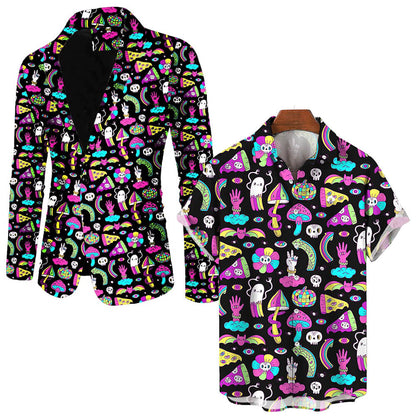 The Shroom Blazer is a funky, long-sleeved suit jacket covered in colorful pizza slices, skulls, mushrooms, rainbows, peace signs, and hearts on black—perfect to pair with a matching short-sleeved shirt for festival vibes.