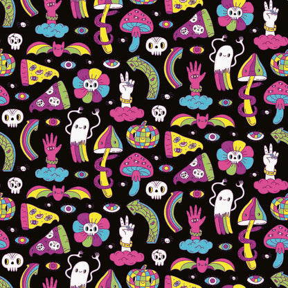 The Shroom Shirt features a whimsical, cartoonish seamless pattern on black with neon mushrooms, ghosts, skulls, peace signs, rainbow bats, pizza slices, disco balls, hands, flowers, eyes & clouds.