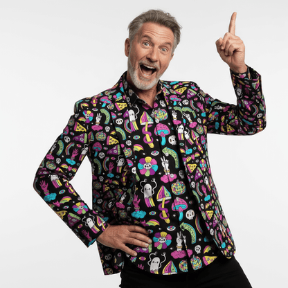 Man wearing Shroom Blazer and Shirt against a white background