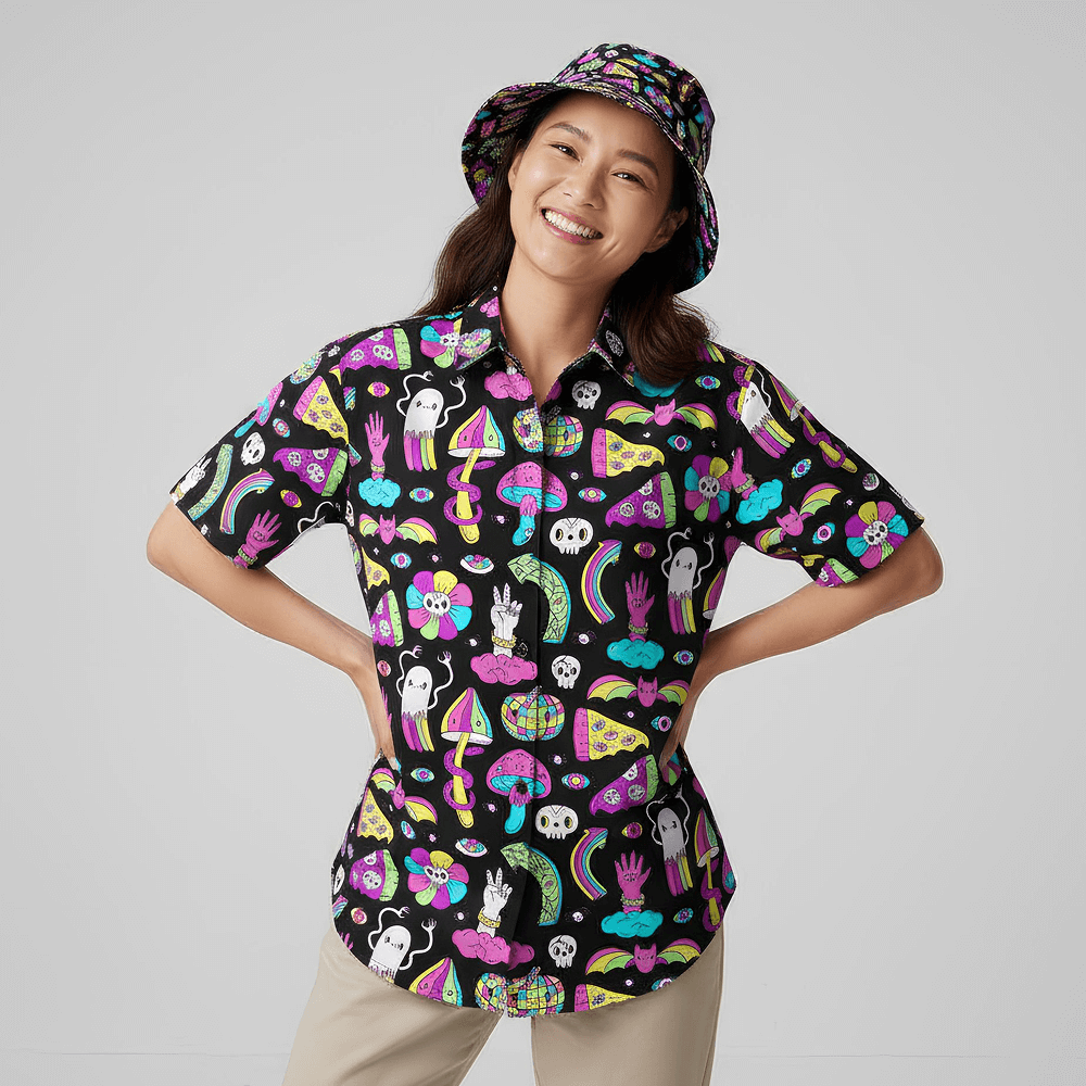Woman wearing the Shroom Shit Shirt and matching Shroom Bucket Hat on a grey background